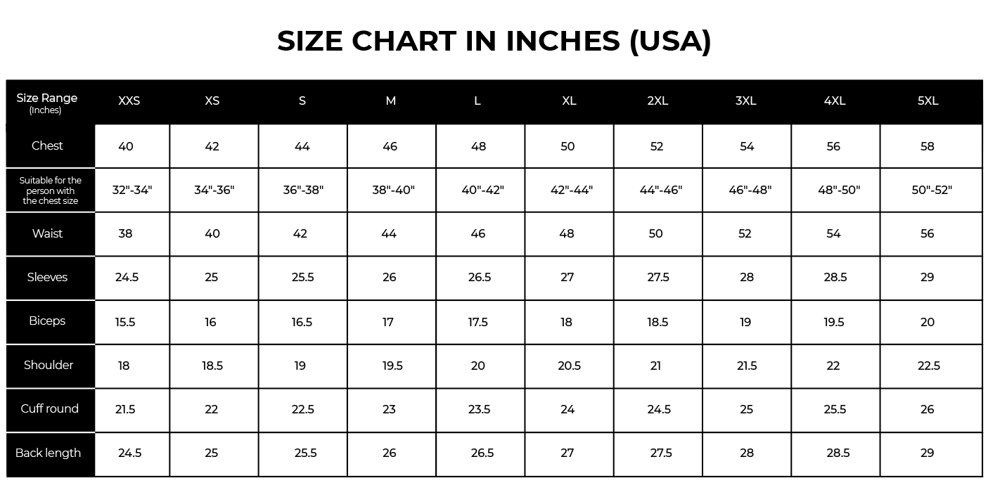 Size Chart for Men's Leather Jackets
